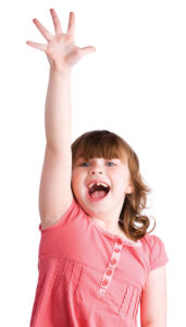 Girl with hand raised and 5 fingers up