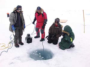 Four scientists conducting research in the snow