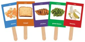 Examples of the food cards cheese, bread, chicken, green beans, and banana glued onto sticks