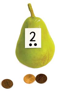 Pear with price tag and pennies