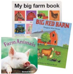 collage of My Big Farm Book, Big Red Barn, and Farm Animals book covers