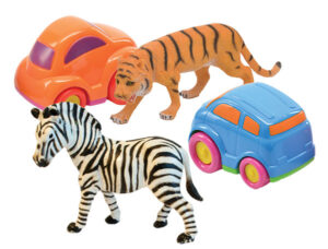 toy animals and cars in random order