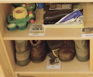 a picture of labeled items on shelves