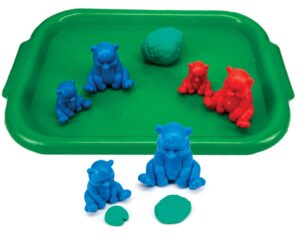 Sorting bear pairs on a tray with playdough